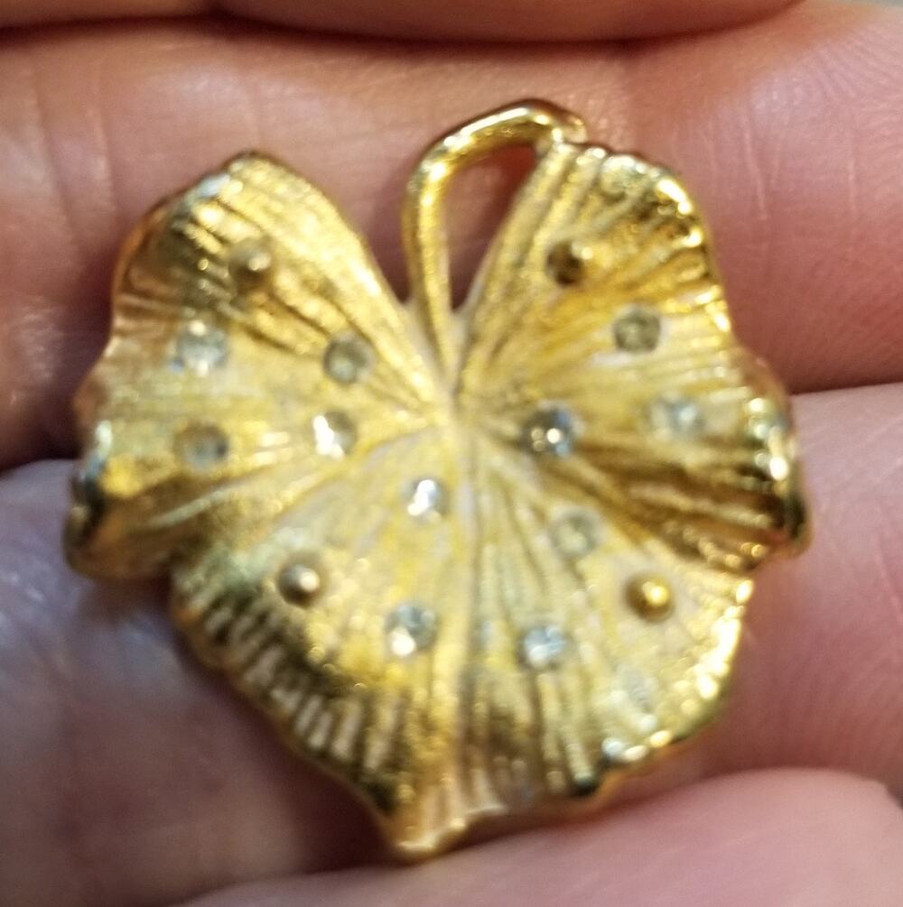 Vintage lilly leaf with rhinestones brushed gold tone 1x1"  Coro